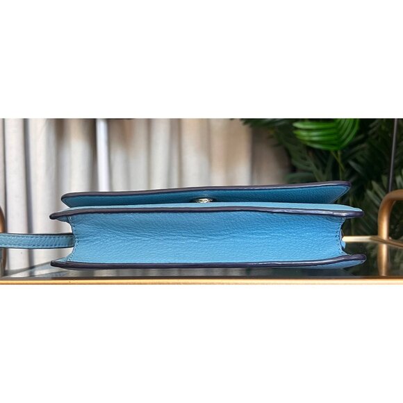 Tory Burch Blue Leather Serif Crossbody Bag With Gold Hardware & Logo Design - Picture 6 of 8